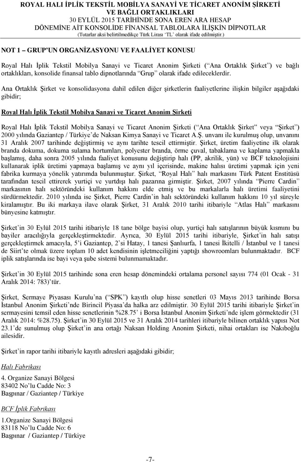 Ana Ortaklık Şirket ve konsolidasyona dahil edilen diğer şirketlerin faaliyetlerine ilişkin bilgiler aşağıdaki gibidir; Royal Halı İplik Tekstil Mobilya Sanayi ve Ticaret Anonim Şirketi Royal Halı