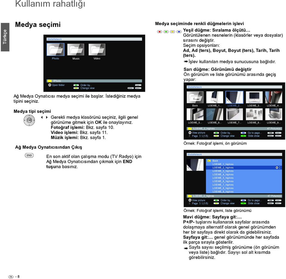 .. Change view MENU END INFO Sarı düğme: Görünümü değiştir Ön görünüm ve liste görünümü arasında geçiş yapar: MediaNetwork AğMedya Oynatıcısı medya seçimi ile başlar.istediğiniz medya tipini seçiniz.