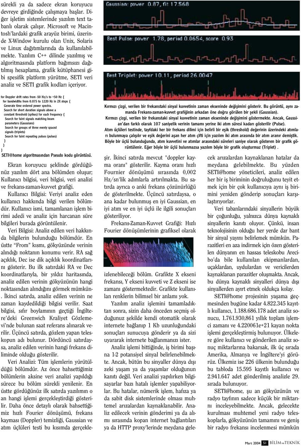 Yaz l m C++ dilinde yaz lm fl ve algoritmas nda platform ba ms z da - t lm fl hesaplama, grafik kütüphanesi gibi spesifik platform yürütme, SETI veri analiz ve SETI grafik kodlar içeriyor.