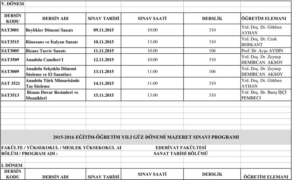 11.2015 11:00 310 Taş Süsleme SAT3513 Bizans Duvar Resimleri ve 15.11.2015 13.