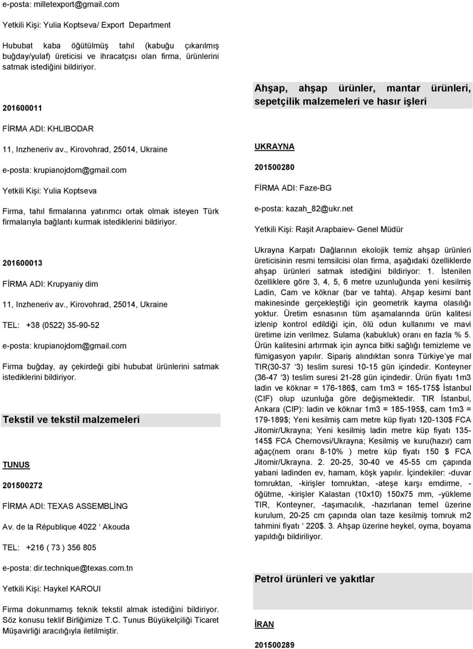 201600011 Ahşap, ahşap ürünler, mantar ürünleri, sepetçilik malzemeleri ve hasır işleri FİRMA ADI: KHLIBODAR 11, Inzheneriv av., Kirovohrad, 25014, Ukraine e-posta: krupianojdom@gmail.