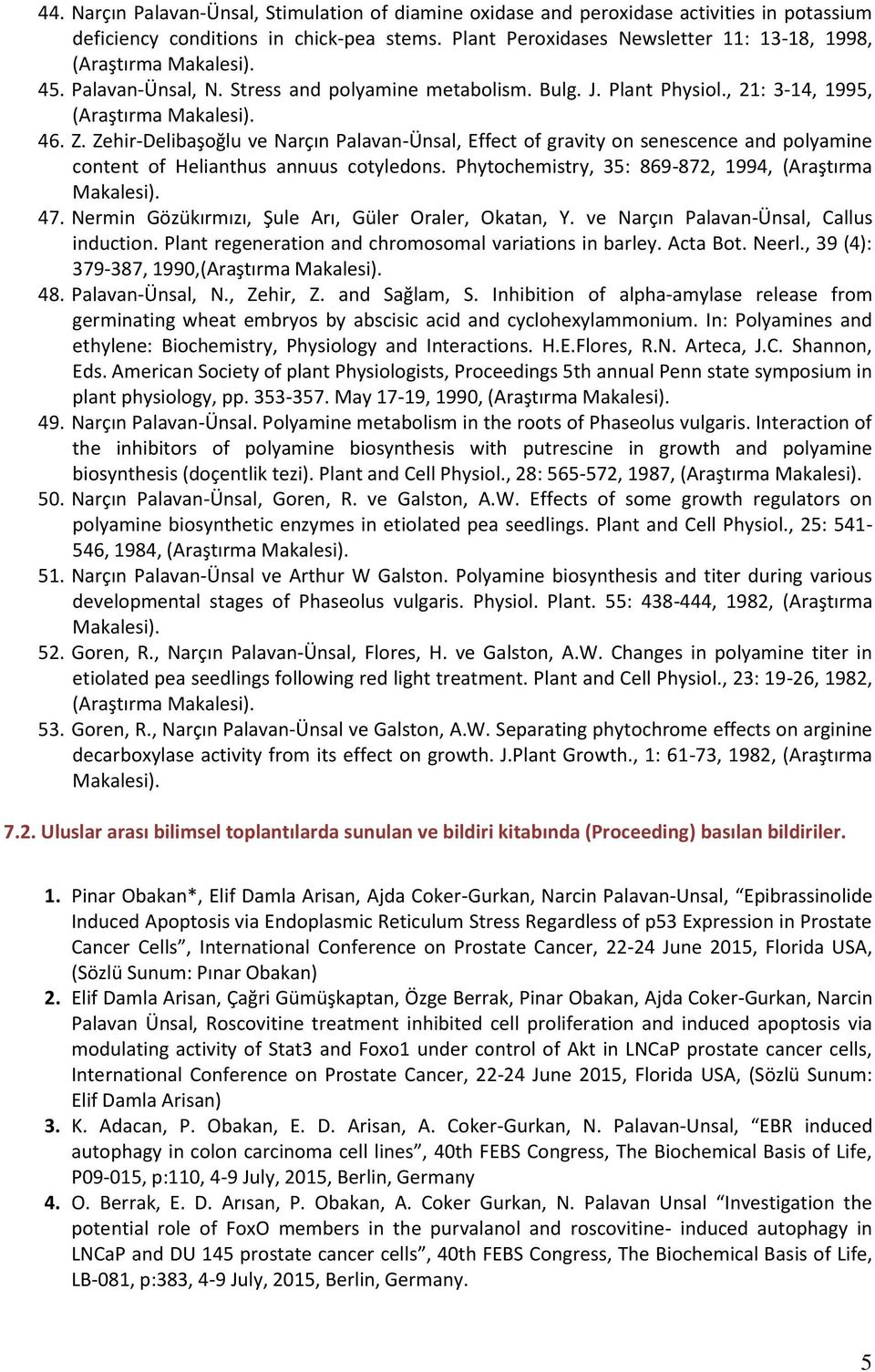 Zehir-Delibaşoğlu ve Narçın Palavan-Ünsal, Effect of gravity on senescence and polyamine content of Helianthus annuus cotyledons. Phytochemistry, 35: 869-872, 1994, (Araştırma Makalesi). 47.