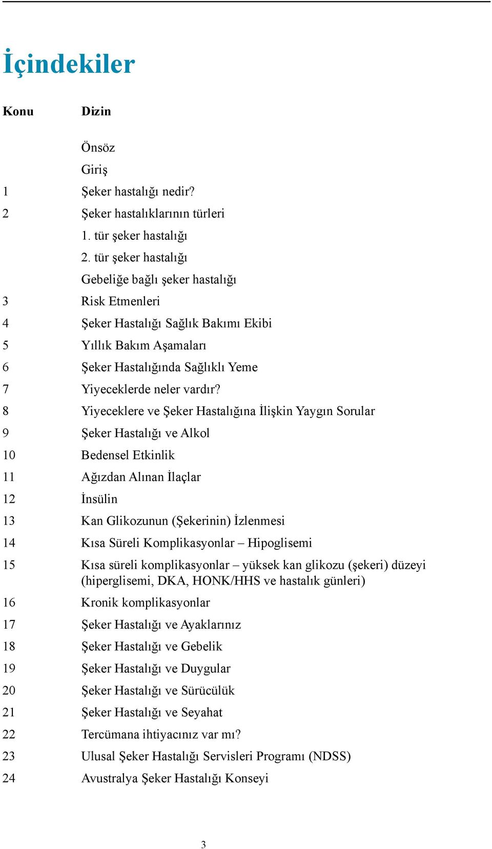 8 Yiyeceklere ve Şeker Hastalığına İlişkin Yaygın Sorular 9 Şeker Hastalığı ve Alkol 10 Bedensel Etkinlik 11 Ağızdan Alınan İlaçlar 12 İnsülin 13 Kan Glikozunun (Şekerinin) İzlenmesi 14 Kısa Süreli