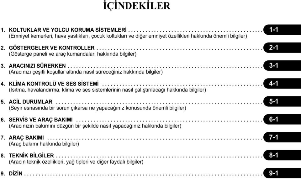 .................................................................... 3-1 (Aracınızı çeşitli koşullar altında nasıl süreceğiniz hakkında bilgiler) 4. KLİMA KONTROLÜ VE SES SİSTEMİ.