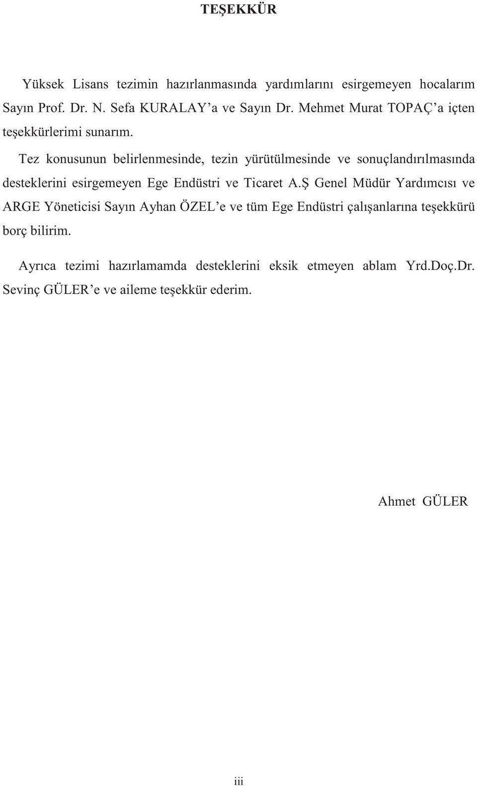 Tez konusunun belirlenmesinde, tezin yürütülmesinde ve sonuçlandırılmasında desteklerini esirgemeyen Ege Endüstri ve Ticaret A.