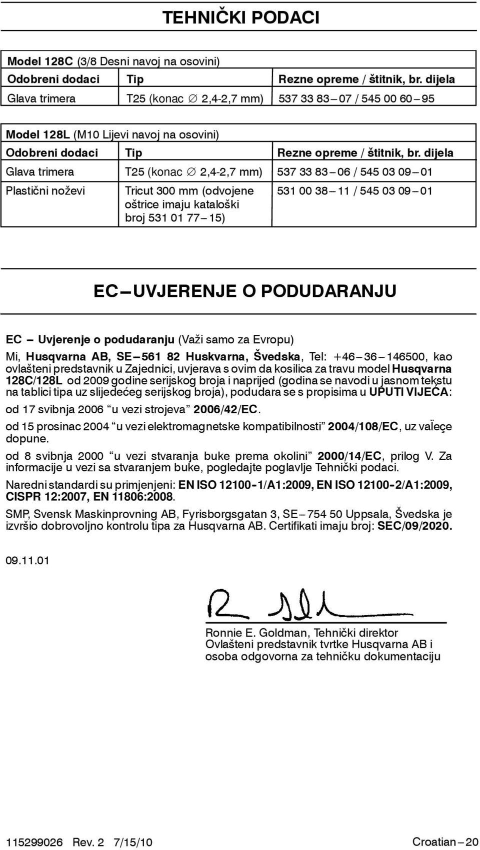 dijela Glava trimera T25 (konac 2,4-2,7 mm) 537 33 83---06 / 545 03 09---01 Plastični noževi Tricut 300 mm (odvojene 531 00 38---11 / 545 03 09---01 oštrice imaju kataloški broj 531 01 77---15)