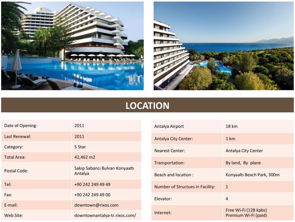 Center By land, By plane Konyaaltı Beach Park, 300m Tel: +90 242 249 49 49 Fax: +90 242 249 49 00 E-mail: downtown@rixos.