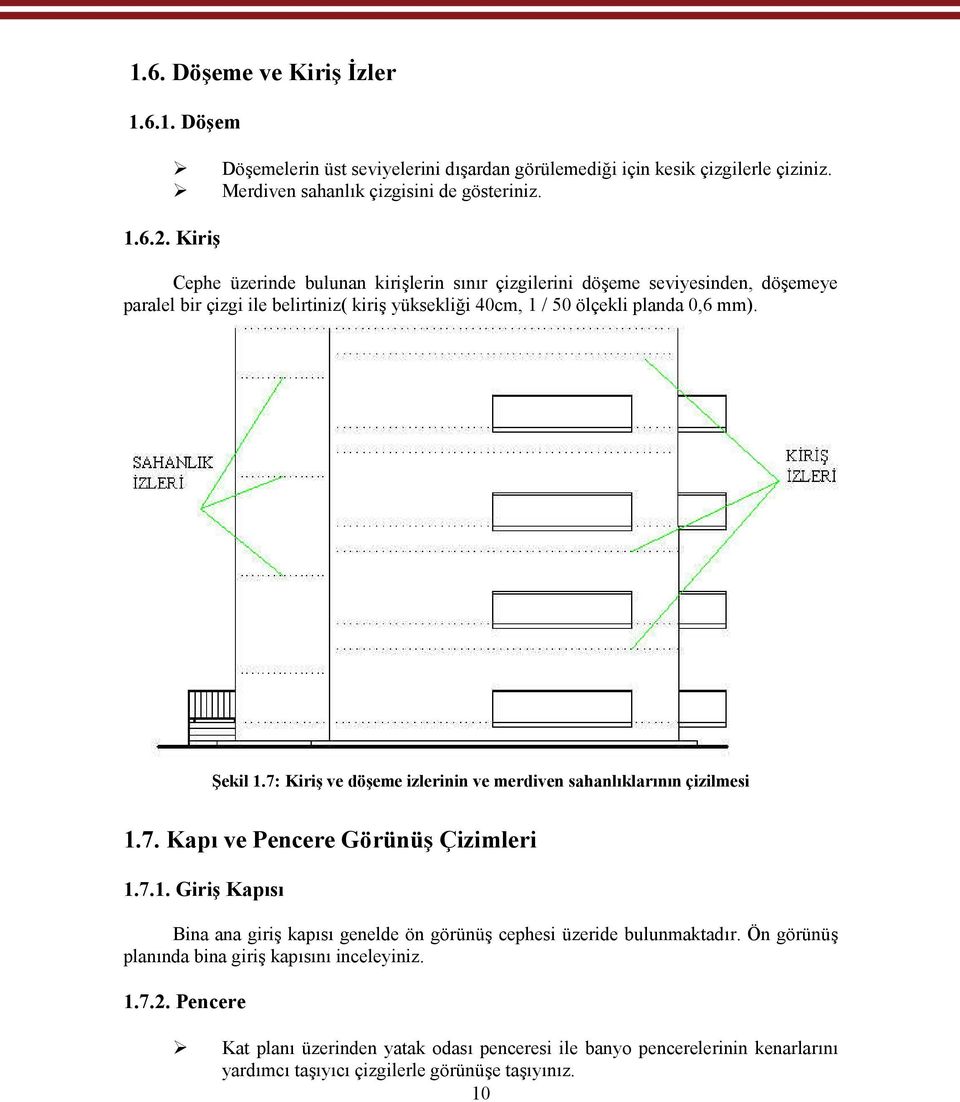 7: Kiriş ve döşeme izlerinin ve merdiven sahanlıklarının çizilmesi 1.7. Kapı ve Pencere Görünüş Çizimleri 1.7.1. Giriş Kapısı Bina ana giriş kapısı genelde ön görünüş cephesi üzeride bulunmaktadır.