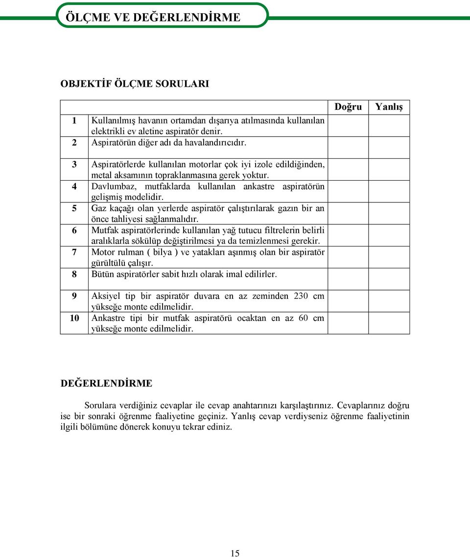 4 Davlumbaz, mutfaklarda kullanılan ankastre aspiratörün geliģmiģ mdelidir. 5 Gaz kaçağı lan yerlerde aspiratör çalıģtırılarak gazın bir an önce tahliyesi sağlanmalıdır.