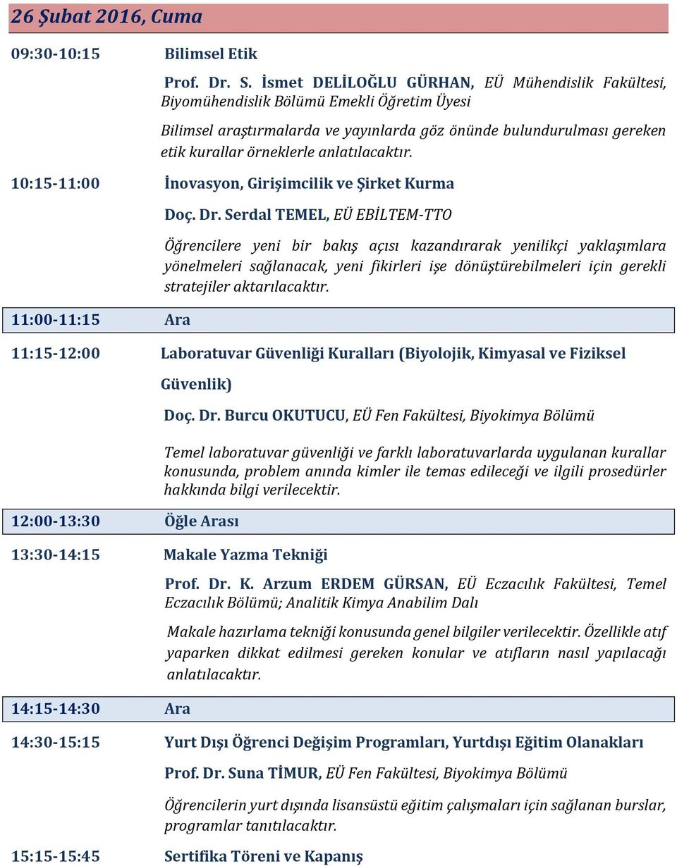 anlatılacaktır. 10:15-11:00 İnovasyon, Girişimcilik ve Şirket Kurma 11:00-11:15 Ara Doç. Dr.