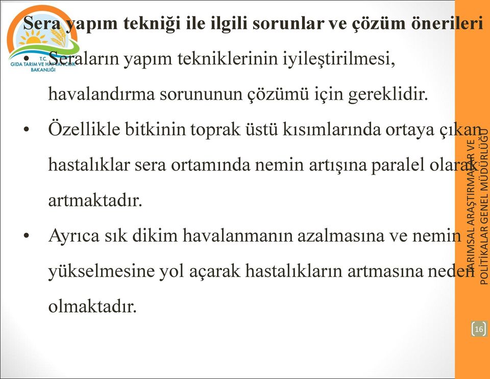 Özellikle bitkinin toprak üstü kısımlarında ortaya çıkan hastalıklar sera ortamında nemin artışına