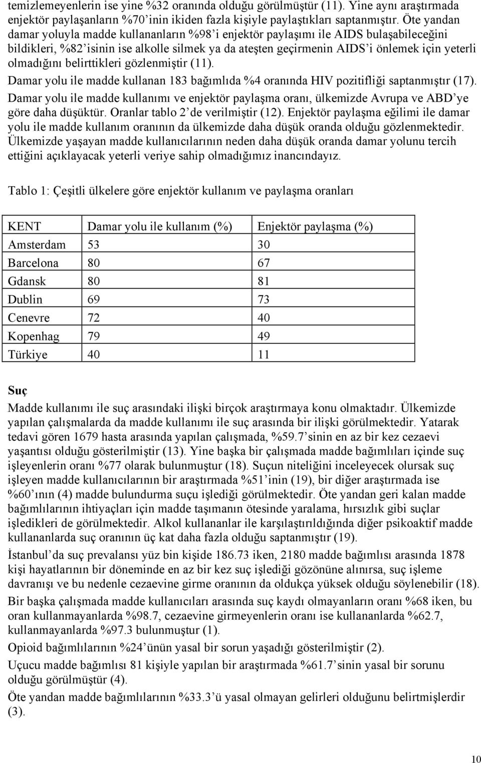 olmadığını belirttikleri gözlenmiştir (11). Damar yolu ile madde kullanan 183 bağımlıda %4 oranında HIV pozitifliği saptanmıştır (17).