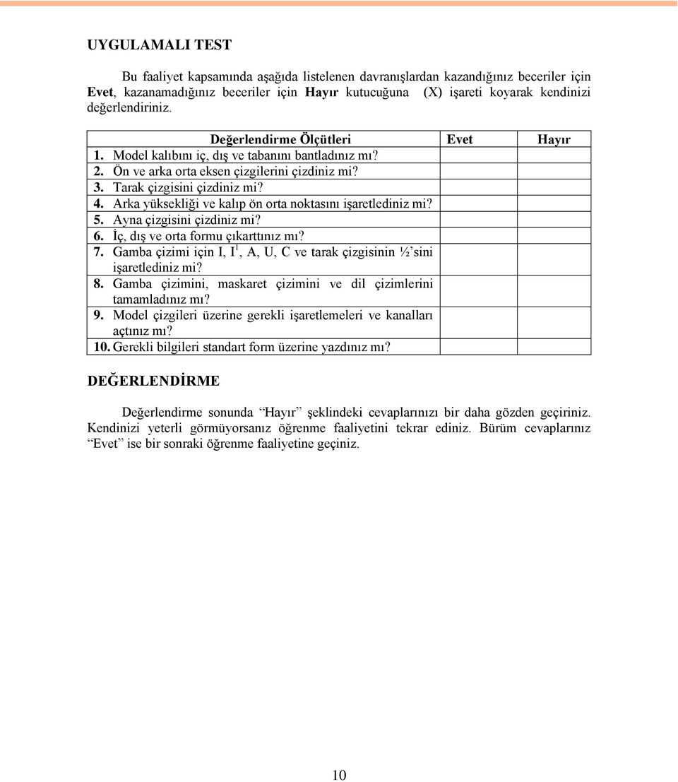 Arka yüksekliği ve kalıp ön orta noktasını işaretlediniz mi? 5. Ayna çizgisini çizdiniz mi? 6. İç, dış ve orta formu çıkarttınız mı? 7.