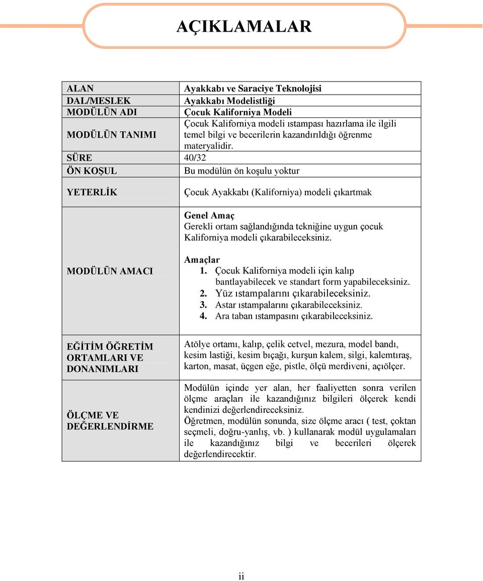 SÜRE 40/32 ÖN KOŞUL Bu modülün ön koşulu yoktur YETERLİK Çocuk Ayakkabı (Kaliforniya) modeli çıkartmak Genel Amaç Gerekli ortam sağlandığında tekniğine uygun çocuk Kaliforniya modeli