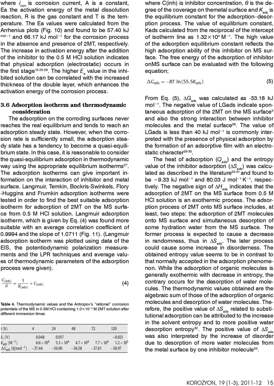 The increase in activation energy after the addition of the inhibitor to the 0.5 M HCl solution indicates that physical adsorption (electrostatic) occurs in the first stage 12-25-26.