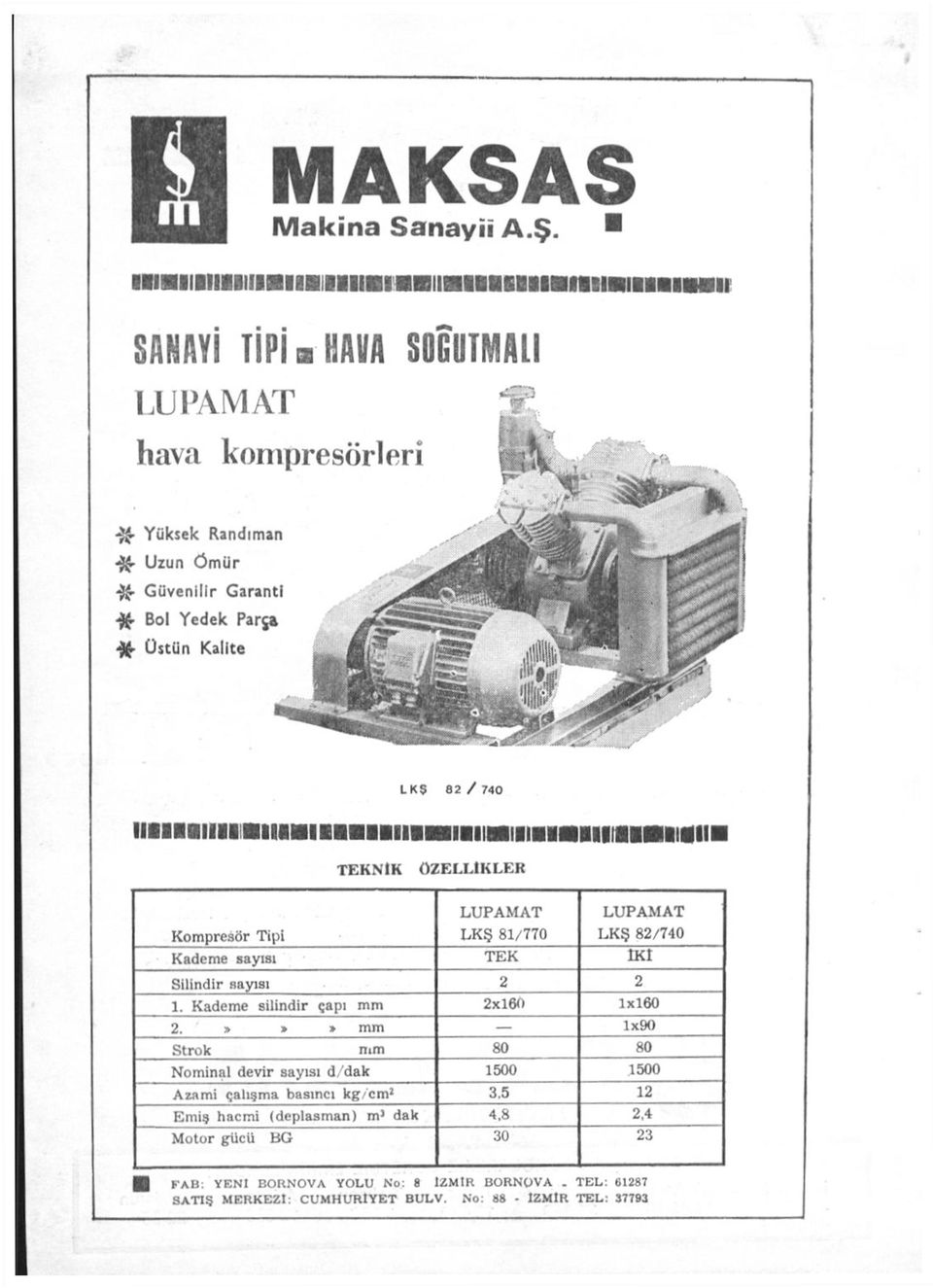 LKŞ 82 / 740 ı ı m ı ı ı ı i H i ı i H i i M i B i i B H i ı i M i ı ı a ı a ı ı ı ı a m i f l i i H TEKNİK ÖZELLİKLER LUPAMAT LUPAMAT Kompresör Tipi LKŞ 81/770 LKŞ 82/740 Kademe