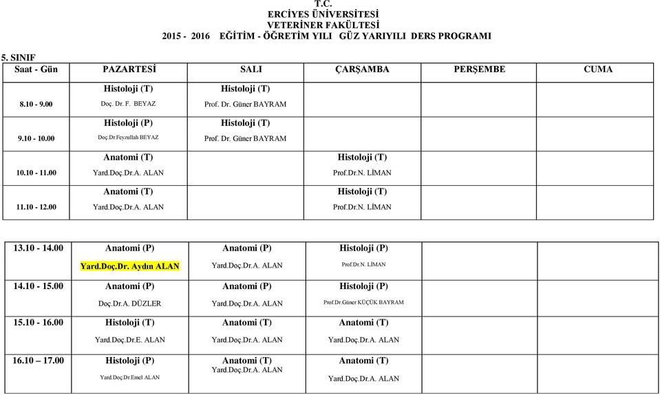 Doç.Dr.A. ALAN Prof.Dr.N. LİMAN 14.10-15.00 Anatomi (P) Anatomi (P) Histoloji (P) Doç.Dr.A. DÜZLER Yard.Doç.Dr.A. ALAN Prof.Dr.Güner KÜÇÜK BAYRAM 15.10-16.