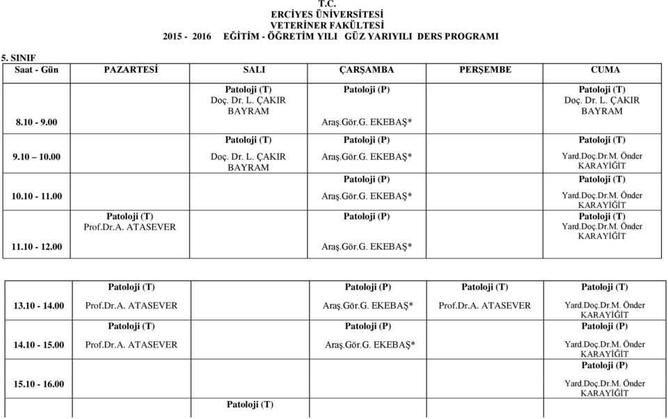 Doç.Dr.M. Önder KARAYİĞİT 11.10-12.00 Araş.Gör.G. EKEBAŞ* Patoloji (T) Patoloji (P) Patoloji (T) Patoloji (T) 13.10-14.00 Prof.Dr.A. ATASEVER Araş.Gör.G. EKEBAŞ* Prof.Dr.A. ATASEVER Yard.Doç.Dr.M. Önder KARAYİĞİT Patoloji (T) Patoloji (P) Patoloji (P) 14.