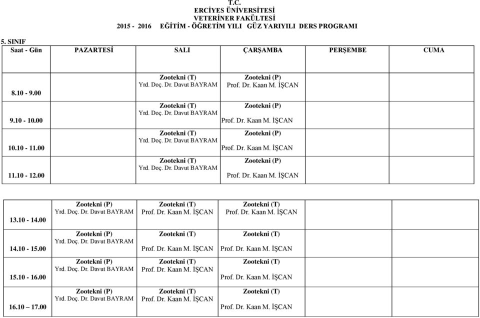 Dr. Kaan M. İŞCAN Zootekni (P) Zootekni (T) Zootekni (T) Yrd. Doç. Dr. Davut BAYRAM 14.10-15.00 Prof. Dr. Kaan M. İŞCAN Prof. Dr. Kaan M. İŞCAN Zootekni (P) Zootekni (T) Zootekni (T) Yrd. Doç. Dr. Davut BAYRAM Prof.