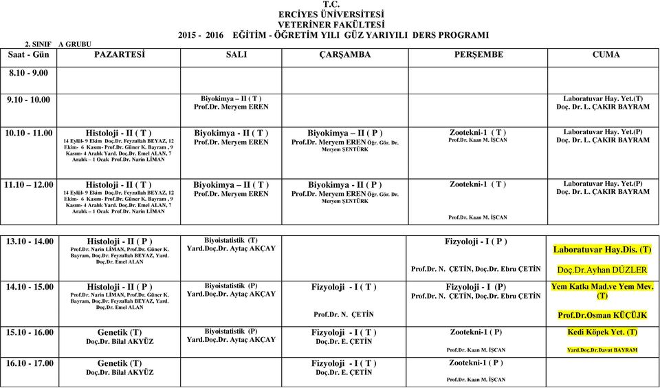 Meryem ŞENTÜRK Zootekni-1 ( T ) Prof.Dr. Kaan M. İŞCAN Laboratuvar Hay. Yet.(P) Doç. Dr. L. ÇAKIR BAYRAM 11.10 12.00 Histoloji - II ( T ) 14 Eylül- 9 Ekim Doç.Dr. Feyzullah BEYAZ, 12 Ekim- 6 Kasım- Prof.