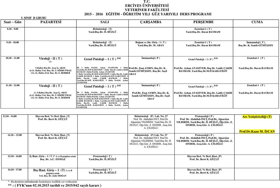 - Genel Patoloji 1 ( T ) ** İmmunuloji ( P ) Genel Patoloji 1 ( P ) ** Zootekni-1 ( P ) 5.Hafta) Doç.Dr. Ayşe G. AKSU (6.11. Hafta) Yrd. Doç. Dr. İ. SÖZDUTMAZ (12.-16. Hafta )Yrd. Doç. Dr. E.