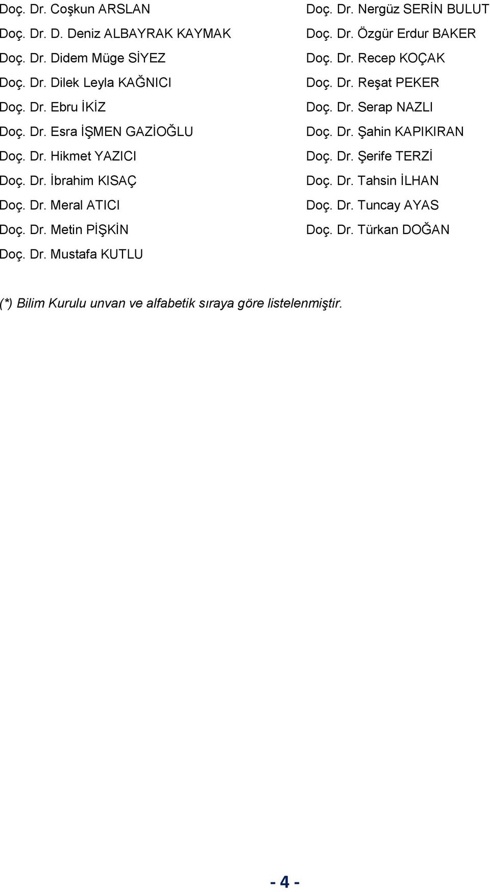 Dr. Recep KOÇAK Doç. Dr. Reşat PEKER Doç. Dr. Serap NAZLI Doç. Dr. Şahin KAPIKIRAN Doç. Dr. Şerife TERZİ Doç. Dr. Tahsin İLHAN Doç. Dr. Tuncay AYAS Doç.