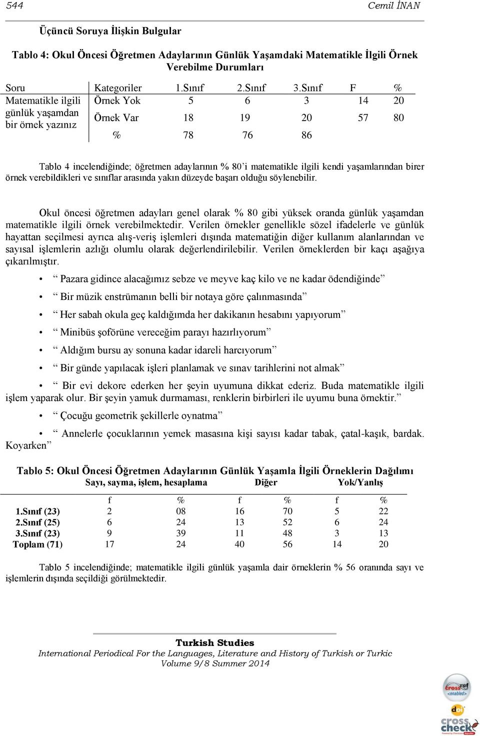 yaşamlarından birer örnek verebildikleri ve sınıflar arasında yakın düzeyde başarı olduğu söylenebilir.