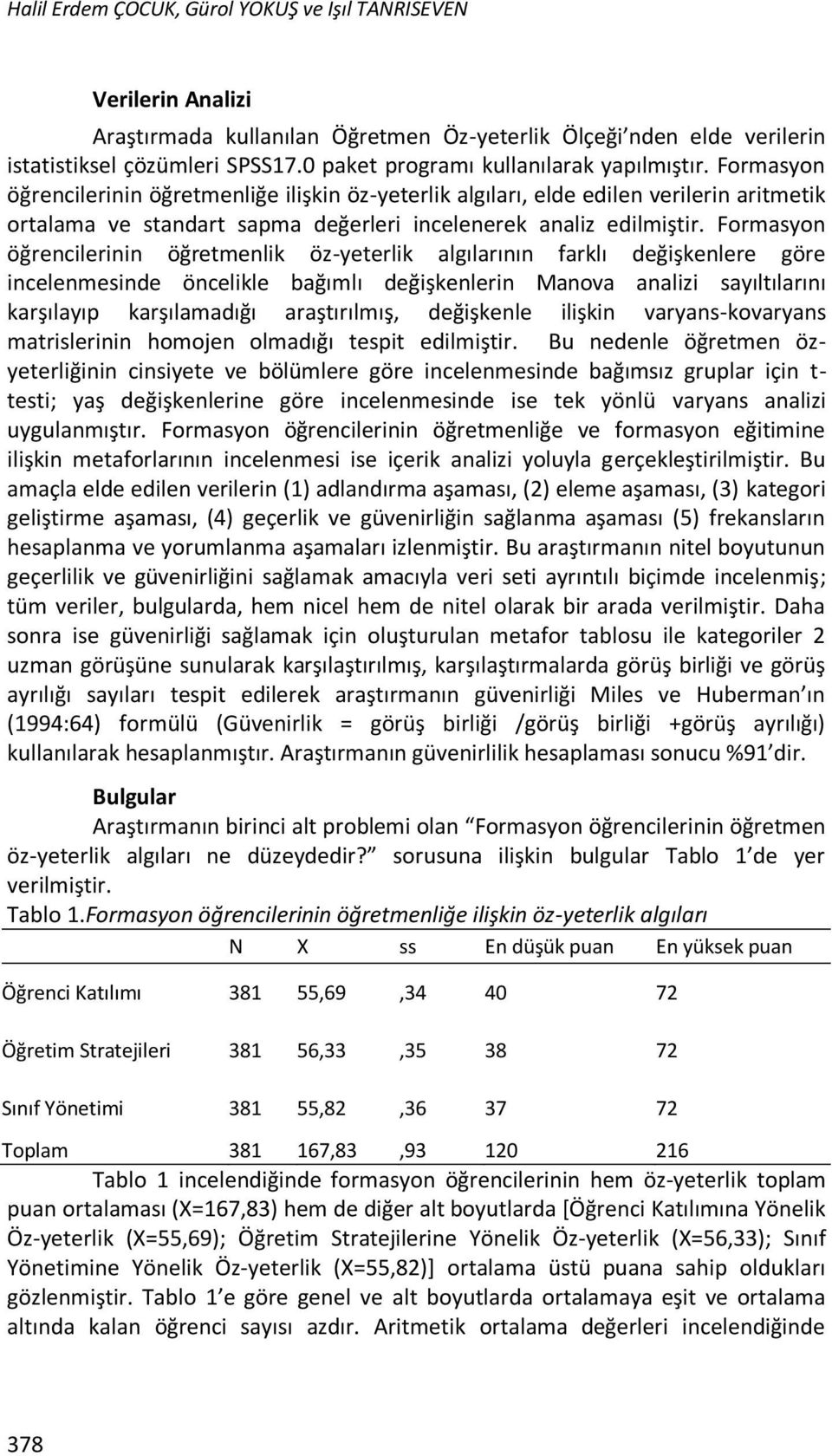 Formasyon öğrencilerinin öğretmenliğe ilişkin öz-yeterlik algıları, elde edilen verilerin aritmetik ortalama ve standart sapma değerleri incelenerek analiz edilmiştir.