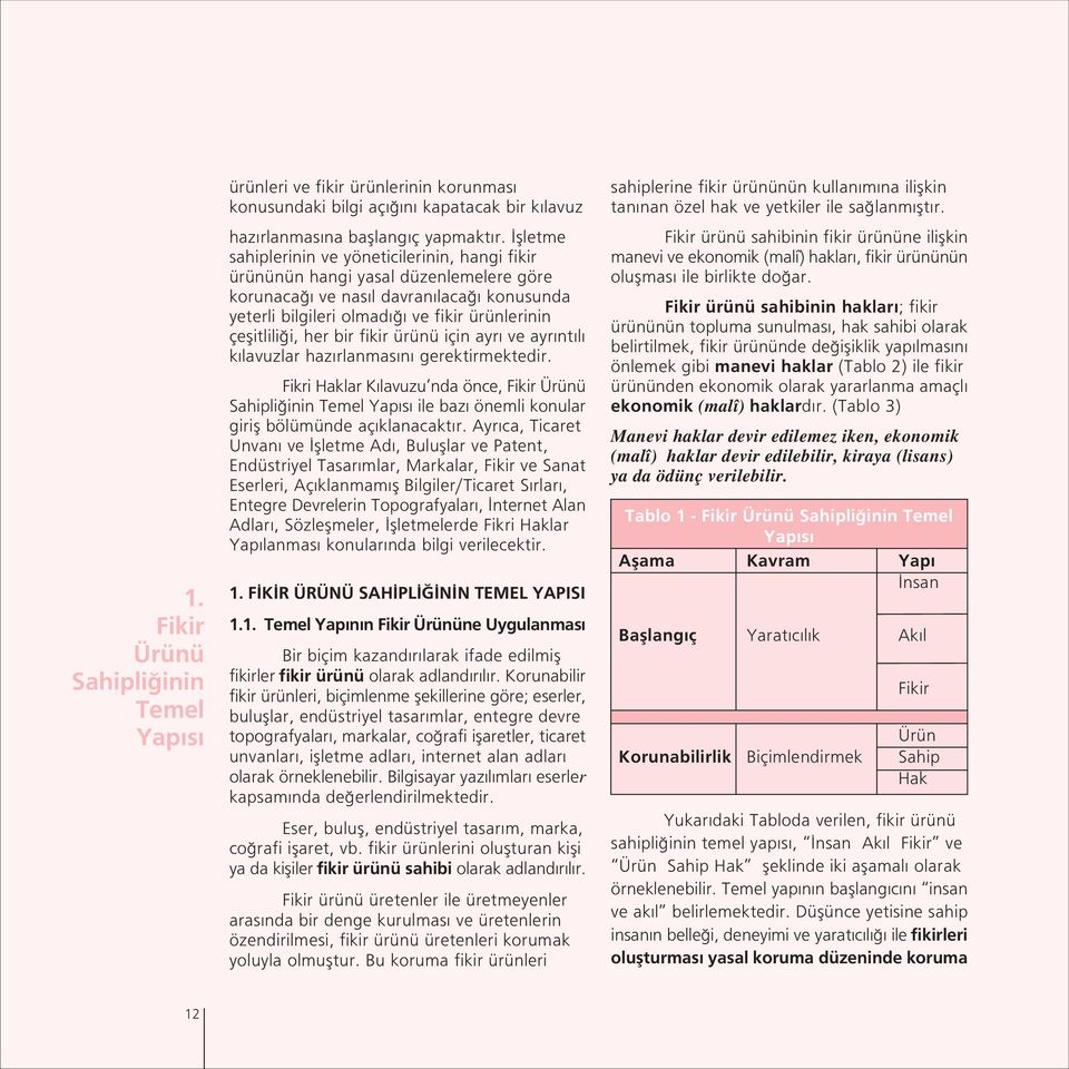 fikir ürünü için ayr ve ayr nt l k lavuzlar haz rlanmas n gerektirmektedir. Fikri Haklar K lavuzu nda önce, Fikir Ürünü Sahipli inin Temel Yap s ile baz önemli konular girifl bölümünde aç klanacakt r.