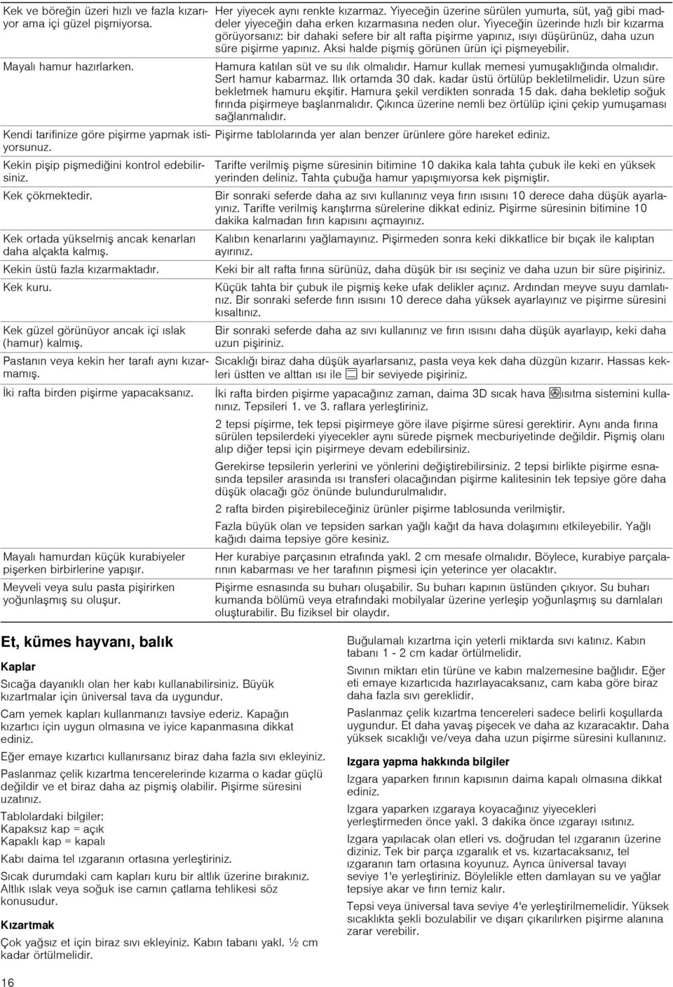 Yiyeceğin üzerinde hızlı bir kızarma görüyorsanız: bir dahaki sefere bir alt rafta pişirme yapınız, ısıyı düşürünüz, daha uzun süre pişirme yapınız. Aksi halde pişmiş görünen ürün içi pişmeyebilir.