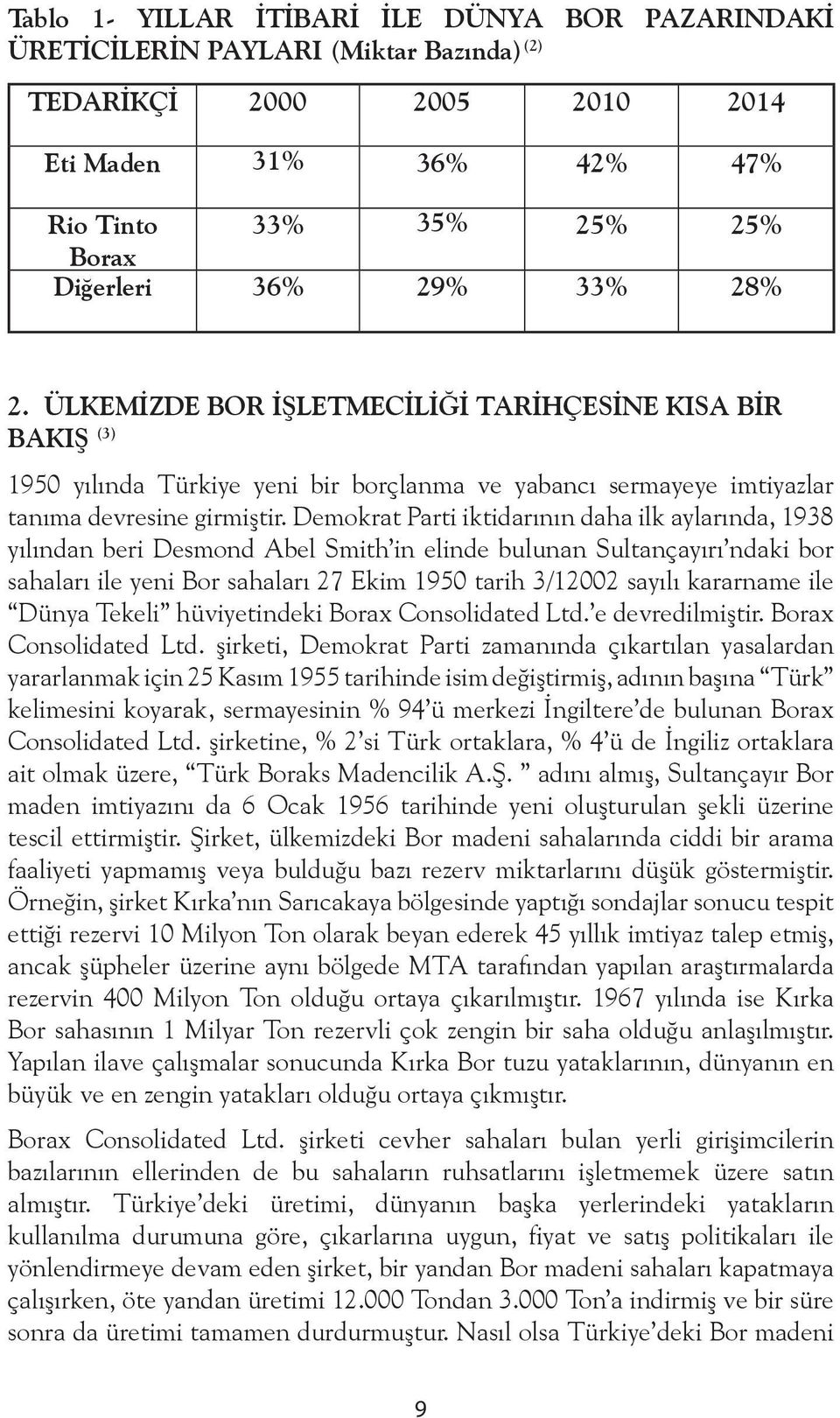 Demokrat Parti iktidarının daha ilk aylarında, 1938 yılından beri Desmond Abel Smith in elinde bulunan Sultançayırı ndaki bor sahaları ile yeni Bor sahaları 27 Ekim 1950 tarih 3/12002 sayılı