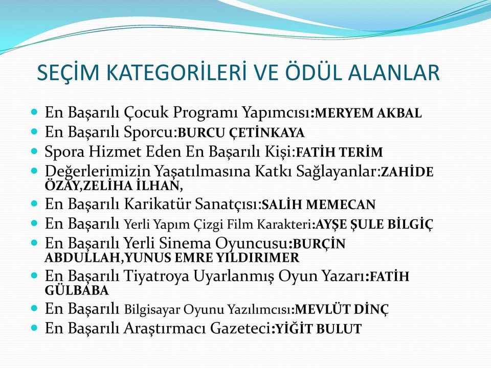 MEMECAN En Başarılı Yerli Yapım Çizgi Film Karakteri:AYŞE ŞULE BİLGİÇ En Başarılı Yerli Sinema Oyuncusu:BURÇİN ABDULLAH,YUNUS EMRE YILDIRIMER