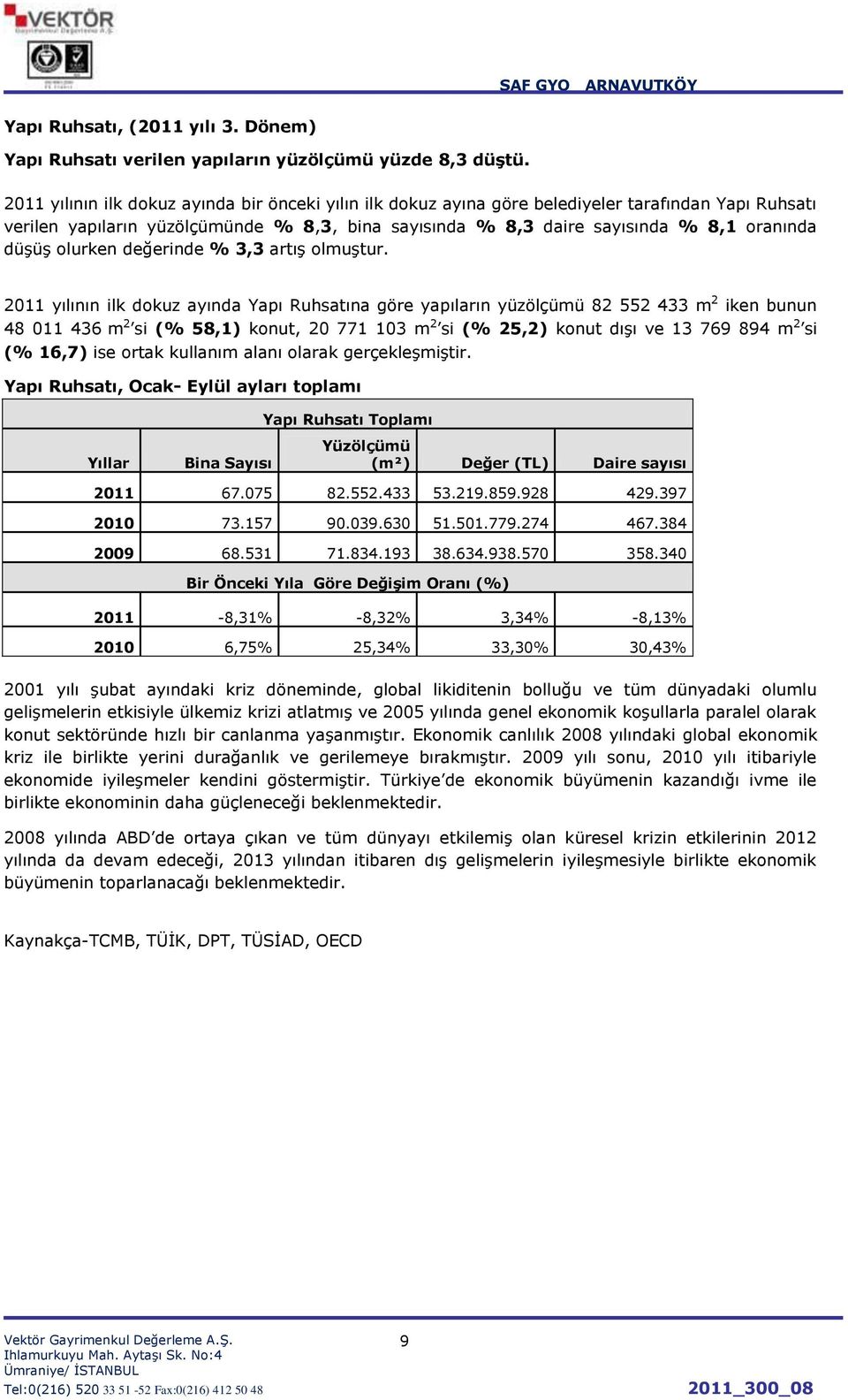 olurken değerinde % 3,3 artıģ olmuģtur. 2011 yılının ilk dokuz ayında Yapı Ruhsatına göre yapıların yüzölçümü 82 552 433 m 2 iken bunun 48 011 436.