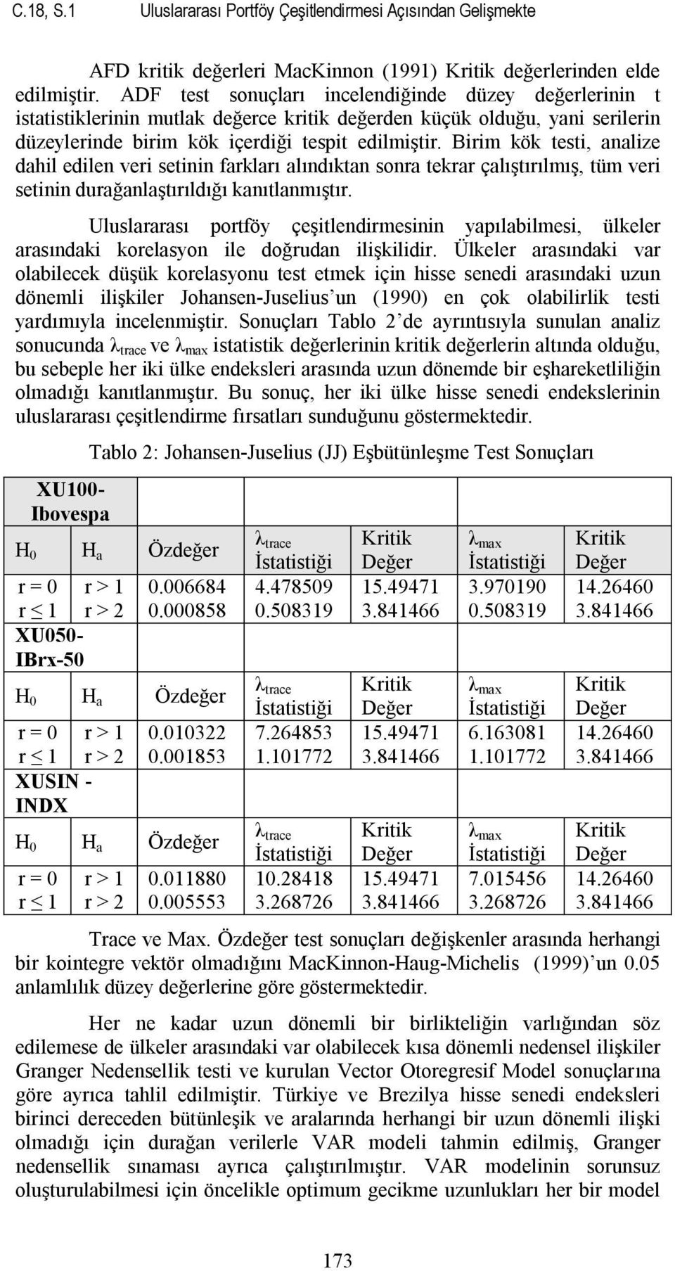 Birim kök testi, analize dahil edilen veri setinin farkları alındıktan sonra tekrar çalıştırılmış, tüm veri setinin durağanlaştırıldığı kanıtlanmıştır.