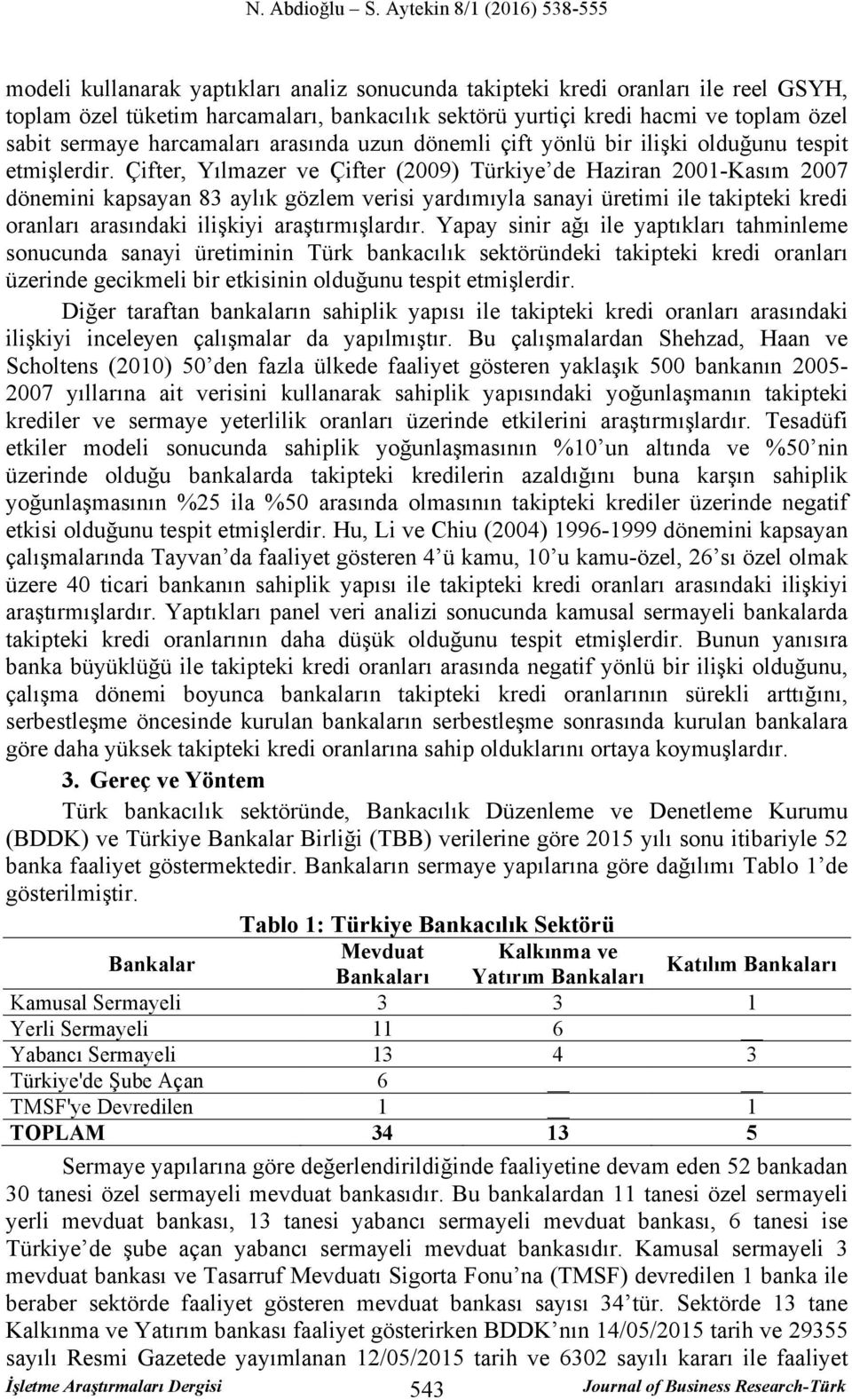 Çifter, Yılmazer ve Çifter (2009) Türkiye de Haziran 2001-Kasım 2007 dönemini kapsayan 83 aylık gözlem verisi yardımıyla sanayi üretimi ile takipteki kredi oranları arasındaki ilişkiyi