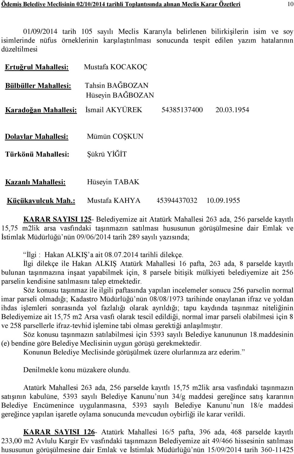 İsmail AKYÜREK 54385137400 20.03.1954 Dolaylar Mahallesi: Türkönü Mahallesi: Mümün COŞKUN Şükrü YİĞİT Kazanlı Mahallesi: Hüseyin TABAK Küçükavulcuk Mah.: Mustafa KAHYA 45394437032 10.09.