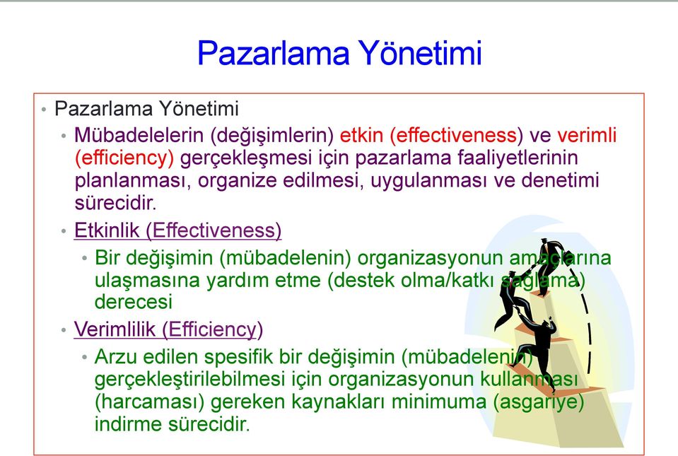 Etkinlik (Effectiveness) Bir değişimin (mübadelenin) organizasyonun amaçlarına ulaşmasına yardım etme (destek olma/katkı sağlama) derecesi