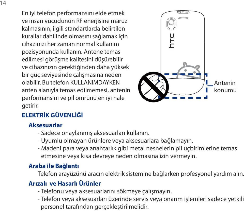 Bu telefon KULLANIMDAYKEN anten alanıyla temas edilmemesi, antenin performansını ve pil ömrünü en iyi hale getirir.