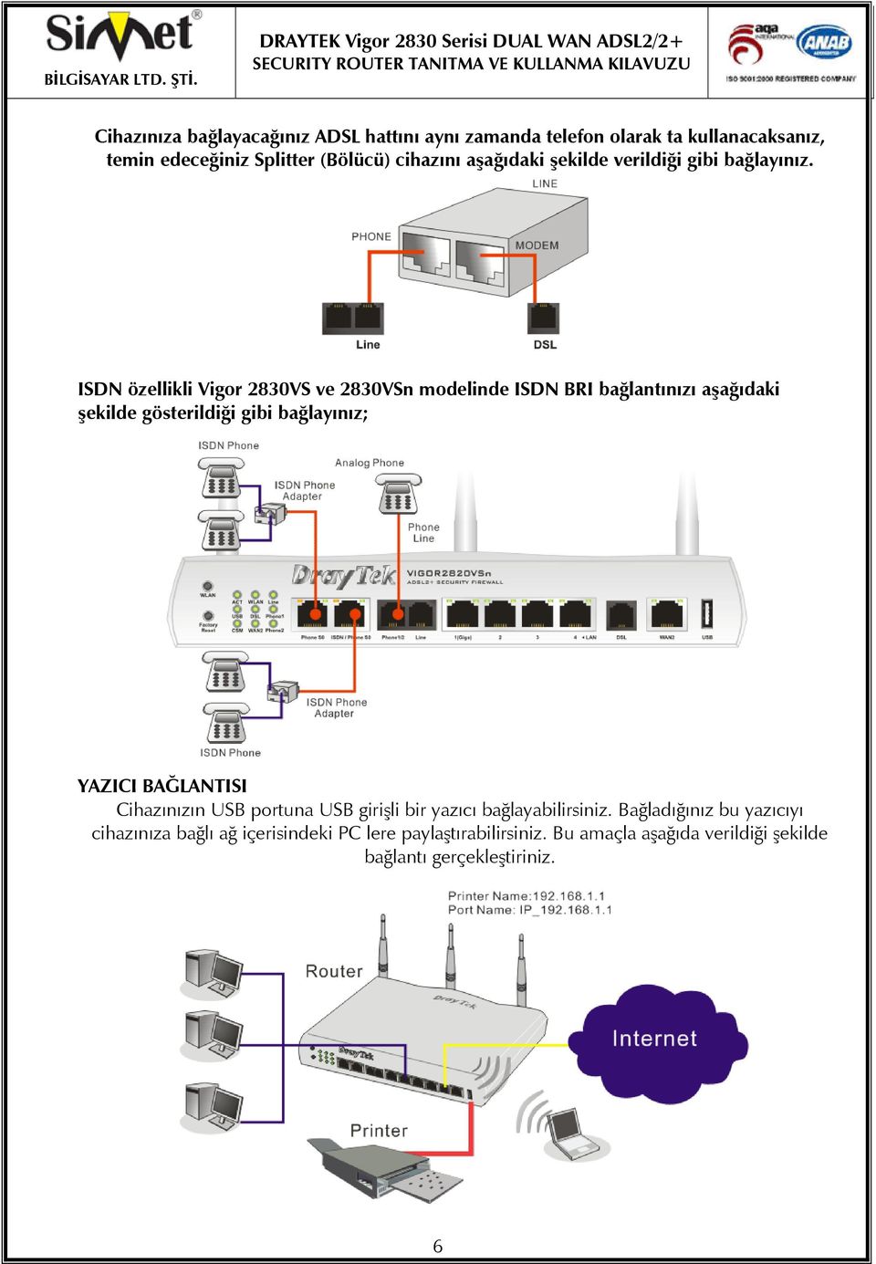 ISDN özellikli Vigor 2830VS ve 2830VSn modelinde ISDN BRI bağlantınızı aşağıdaki şekilde gösterildiği gibi bağlayınız; YAZICI