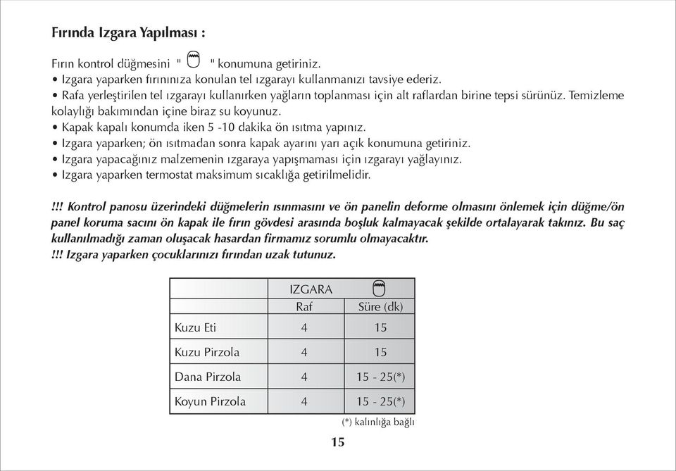 Kapak kapalı konumda iken 5-10 dakika ön ısıtma yapınız. Izgara yaparken; ön ısıtmadan sonra kapak ayarını yarı açık konumuna getiriniz.