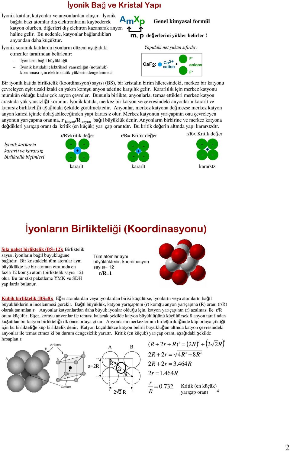 İyonik seramik katılarda iyonların düzeni aşağıdaki etmenler tarafından belirlenir: İyonların bağıl büyüklüğü İyonik katıdaki elektriksel yansızlığın (nötürlük) korunması için elektrostatik yüklerin