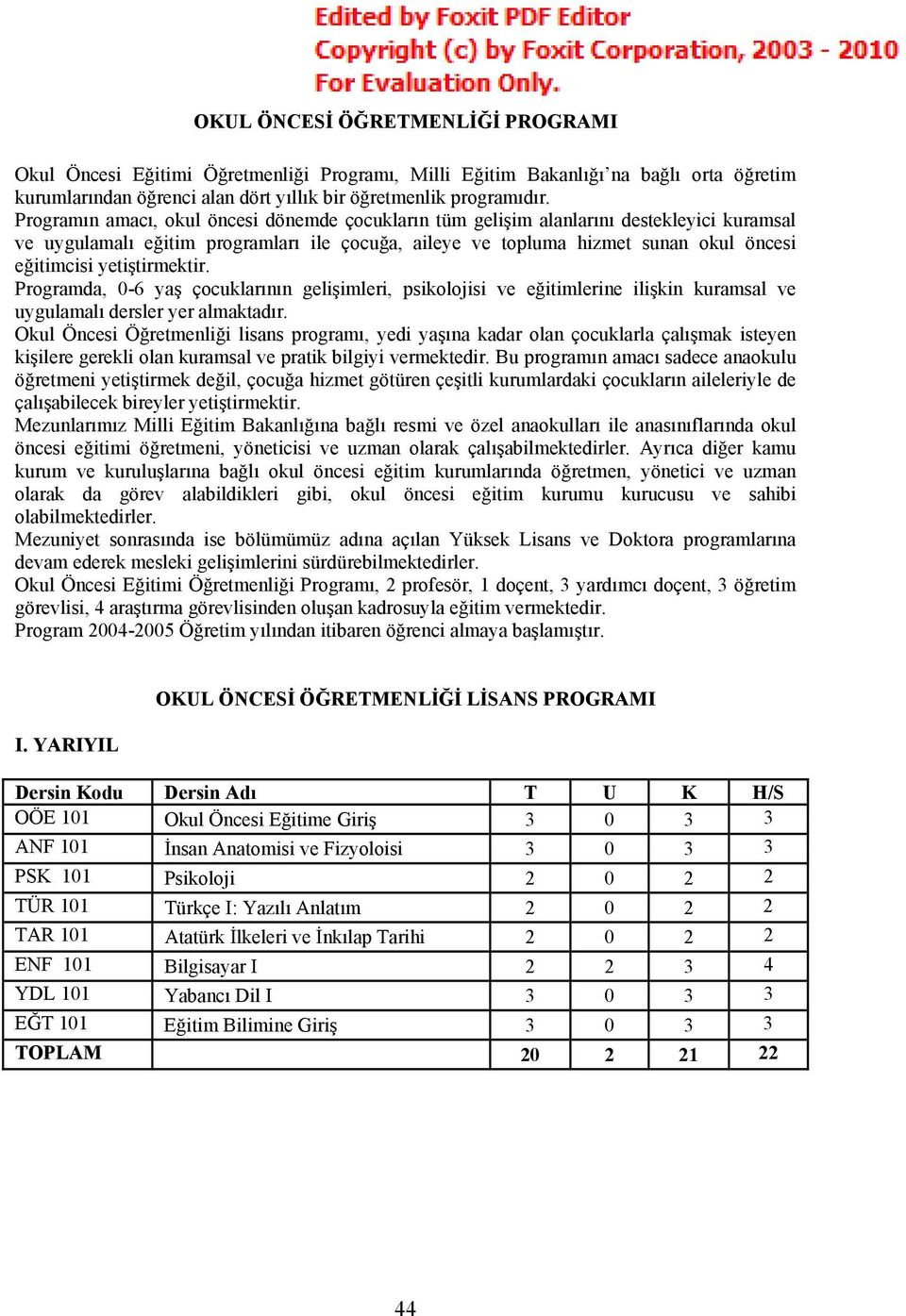 yetiştirmektir. Programda, 0-6 yaş çocuklarının gelişimleri, psikolojisi ve eğitimlerine ilişkin kuramsal ve uygulamalı dersler yer almaktadır.