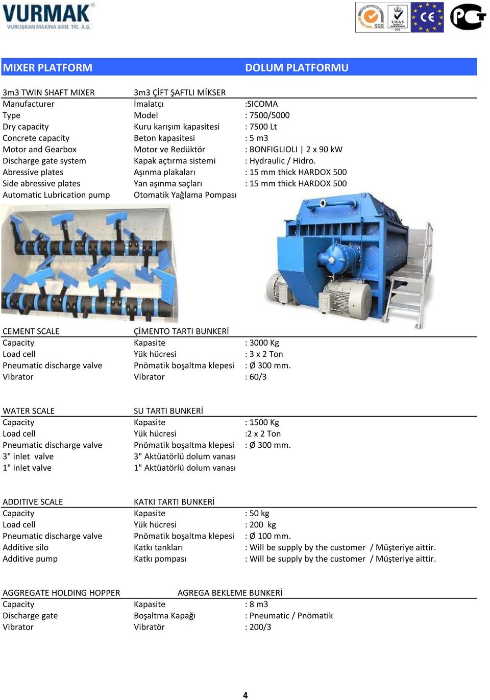 Abressive plates Aşınma plakaları : 15 mm thick HARDOX 500 Side abressive plates Yan aşınma saçları : 15 mm thick HARDOX 500 Automatic Lubrication pump Otomatik Yağlama Pompası CEMENT SCALE ÇİMENTO