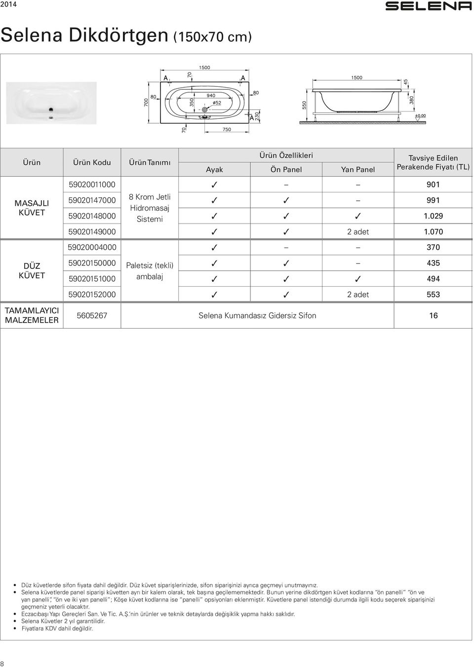 Düz küvet siparişlerinizde, sifon siparişinizi ayrıca geçmeyi unutmayınız. Selena küvetlerde panel siparişi küvetten ayrı bir kalem olarak, tek başına geçilememektedir.