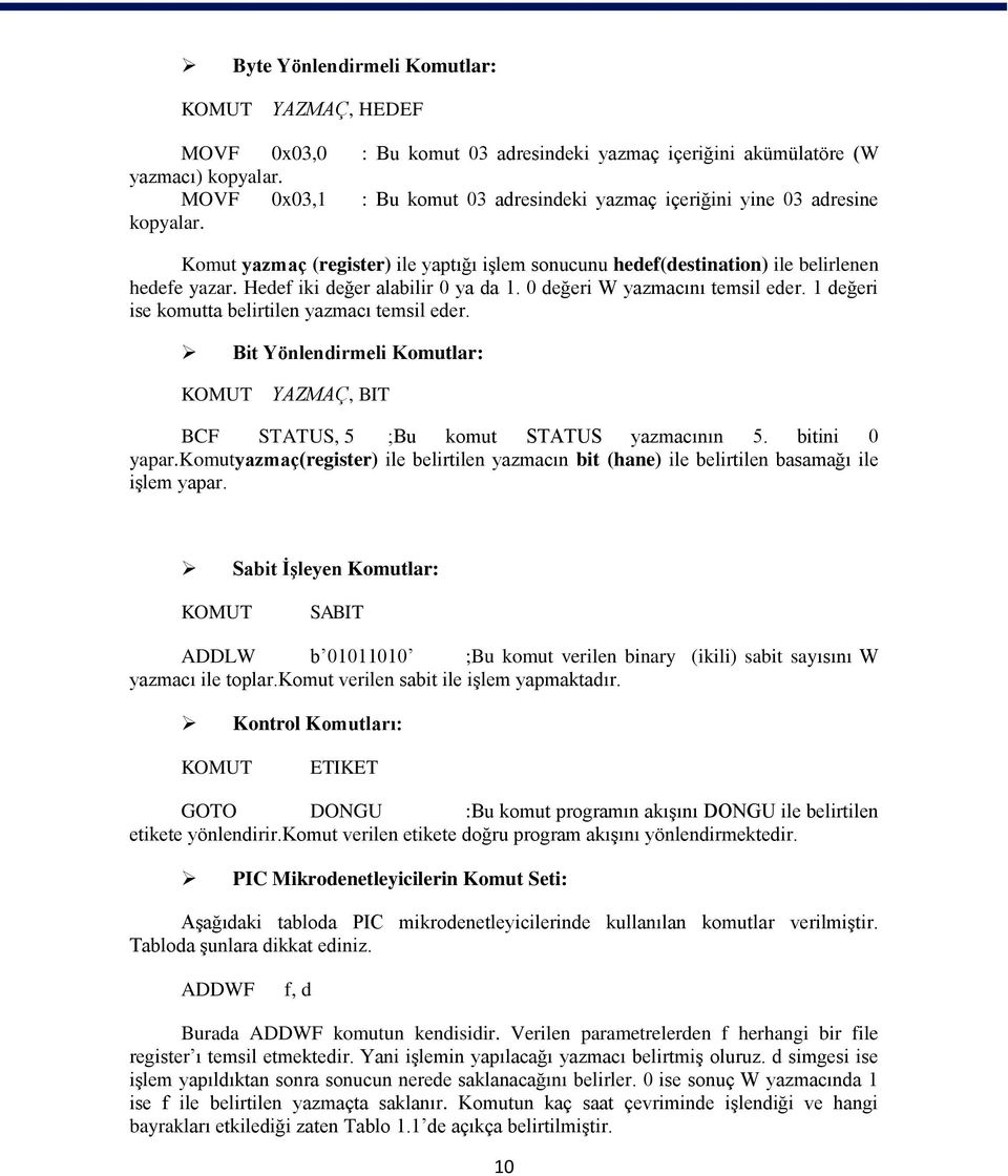 Hedef iki değer alabilir 0 ya da 1. 0 değeri W yazmacını temsil eder. 1 değeri ise komutta belirtilen yazmacı temsil eder.