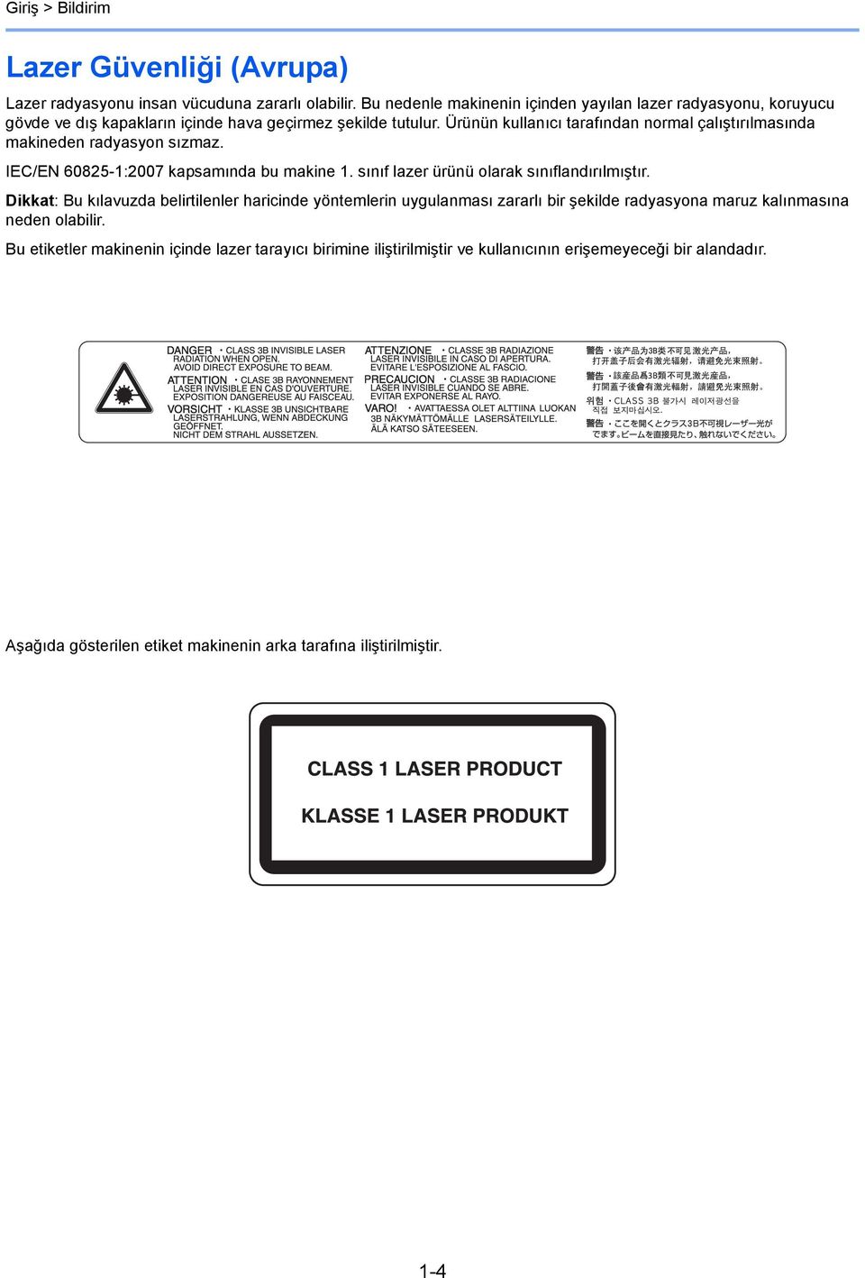 Ürünün kullanıcı tarafından normal çalıştırılmasında makineden radyasyon sızmaz. IEC/EN 6085-:007 kapsamında bu makine. sınıf lazer ürünü olarak sınıflandırılmıştır.