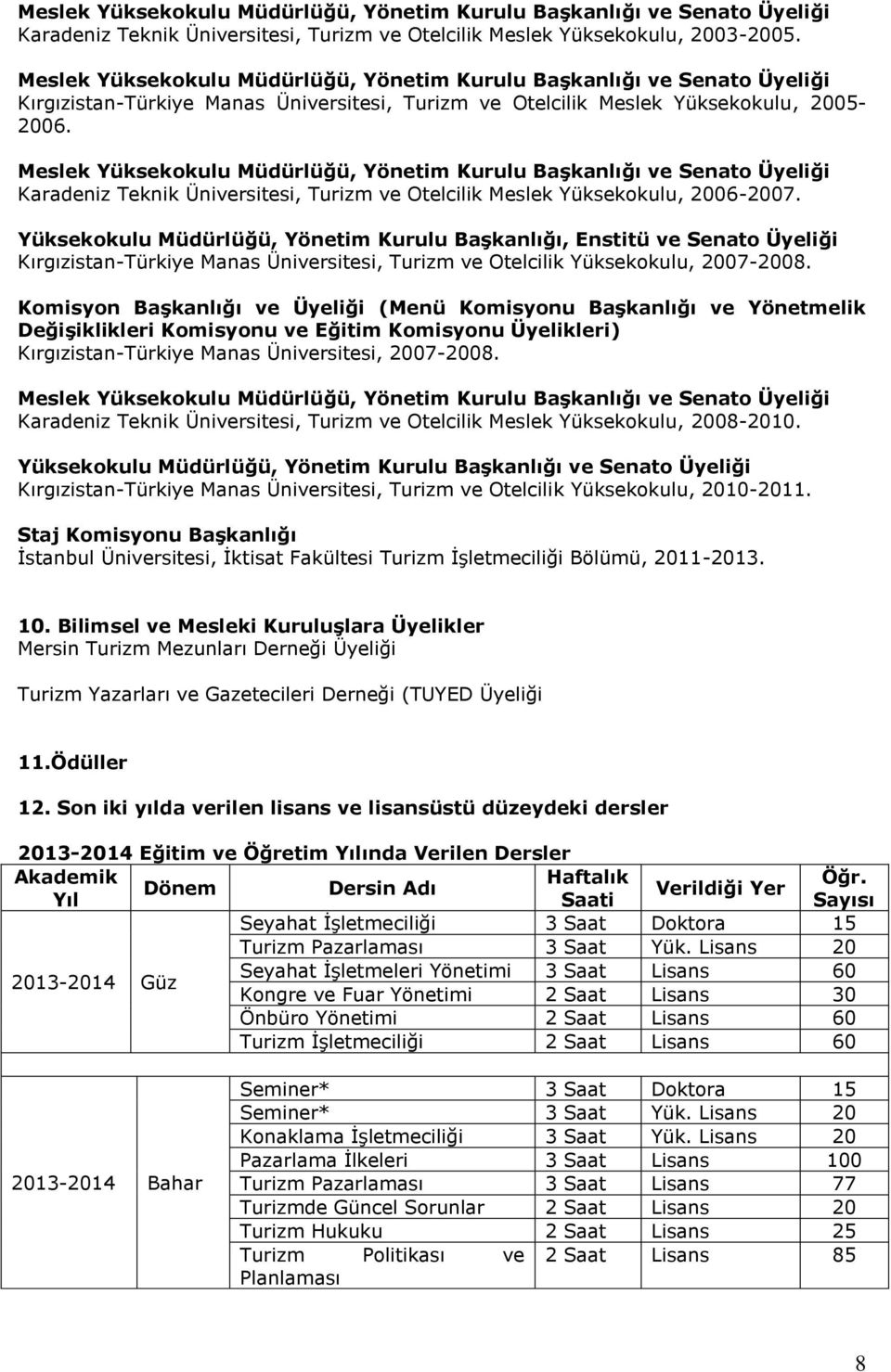 Meslek Yüksekokulu Müdürlüğü, Yönetim Kurulu Başkanlığı ve Senato Üyeliği Karadeniz Teknik Üniversitesi, Turizm ve Otelcilik Meslek Yüksekokulu, 2006-2007.
