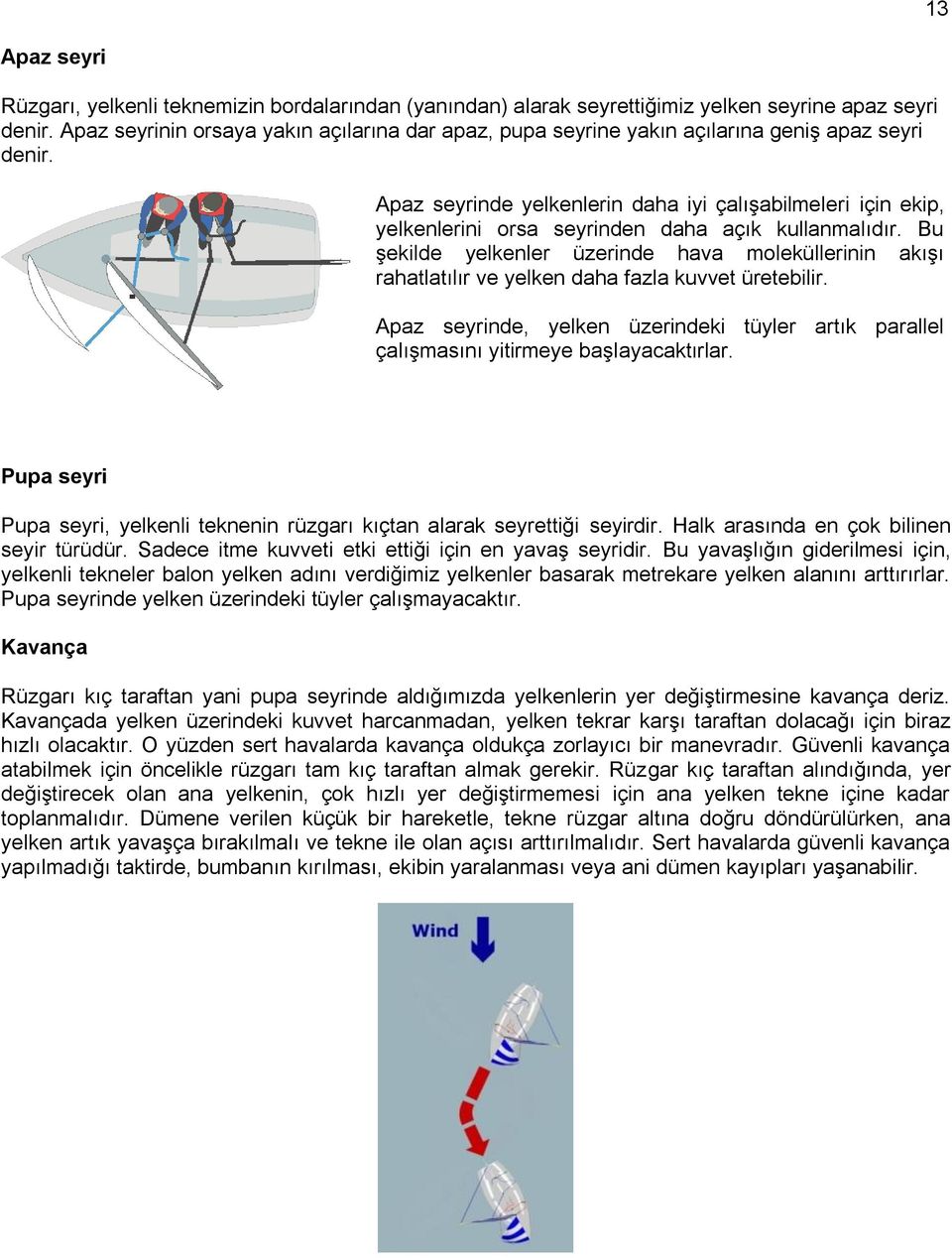 Apaz seyrinde yelkenlerin daha iyi çalışabilmeleri için ekip, yelkenlerini orsa seyrinden daha açık kullanmalıdır.