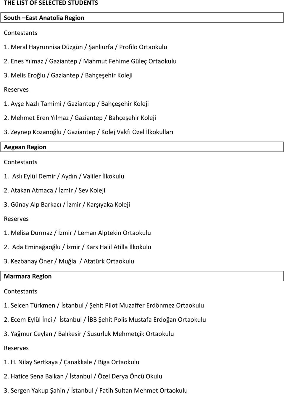 Zeynep Kozanoğlu / Gaziantep / Kolej Vakfı Özel İlkokulları Aegean Region 1. Aslı Eylül Demir / Aydın / Valiler İlkokulu 2. Atakan Atmaca / İzmir / Sev Koleji 3.