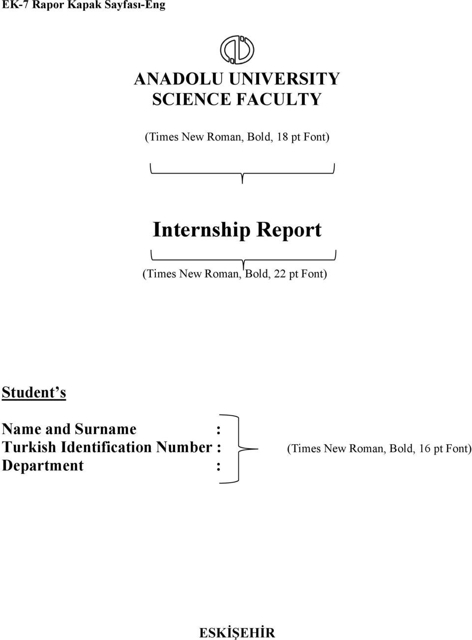 Roman, Bold, 22 pt Font) Student s Name and Surname : Turkish